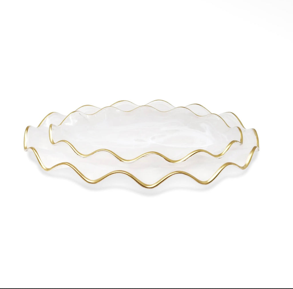 White Alabaster Oval Tray With Gold Ruffled Border (2 Sizes)