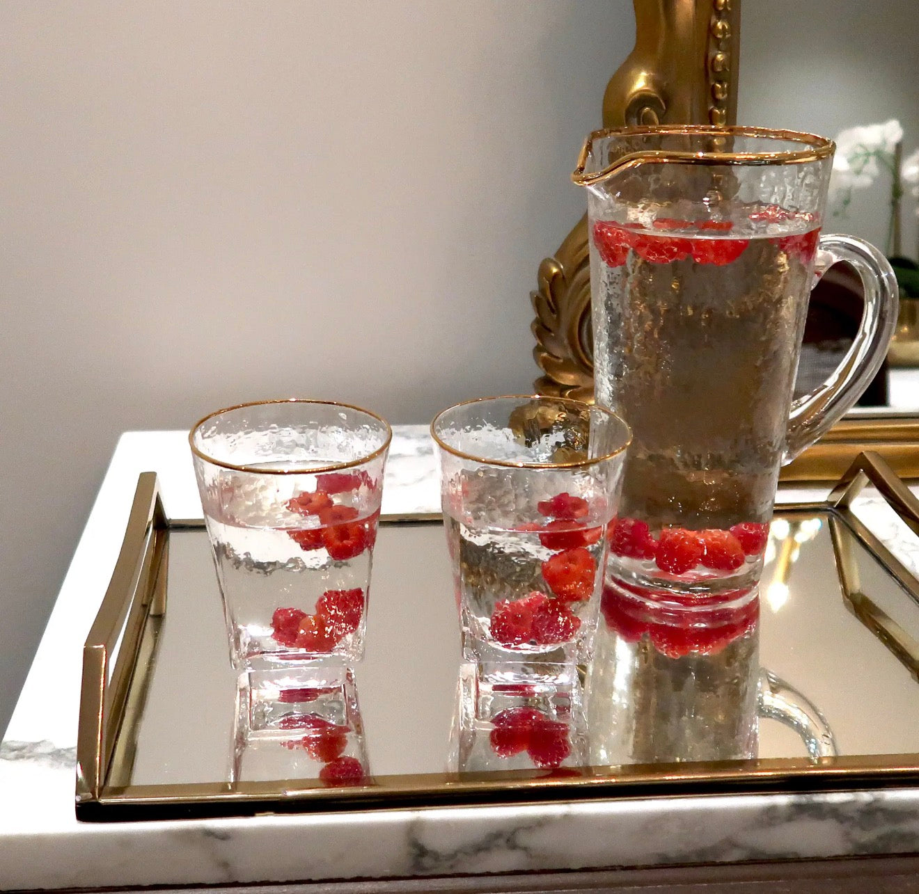 Set of 6 Square Shaped Hammered Glasses with Gold Rim