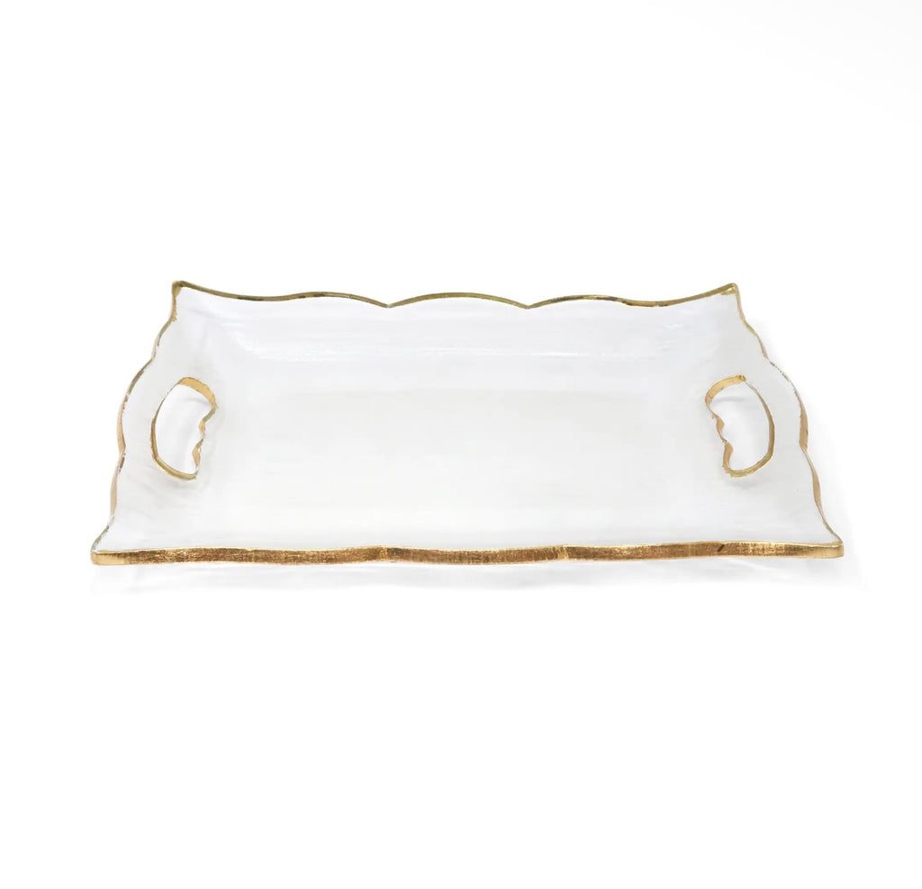 Rectangular Glass Tray with Handles and Gold Rim